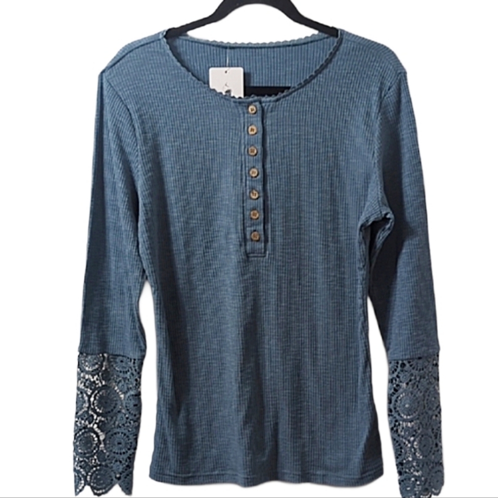 Cottagecore Long Sleeve Blue Henley Top with Lace Detail - Picture 1 of 6